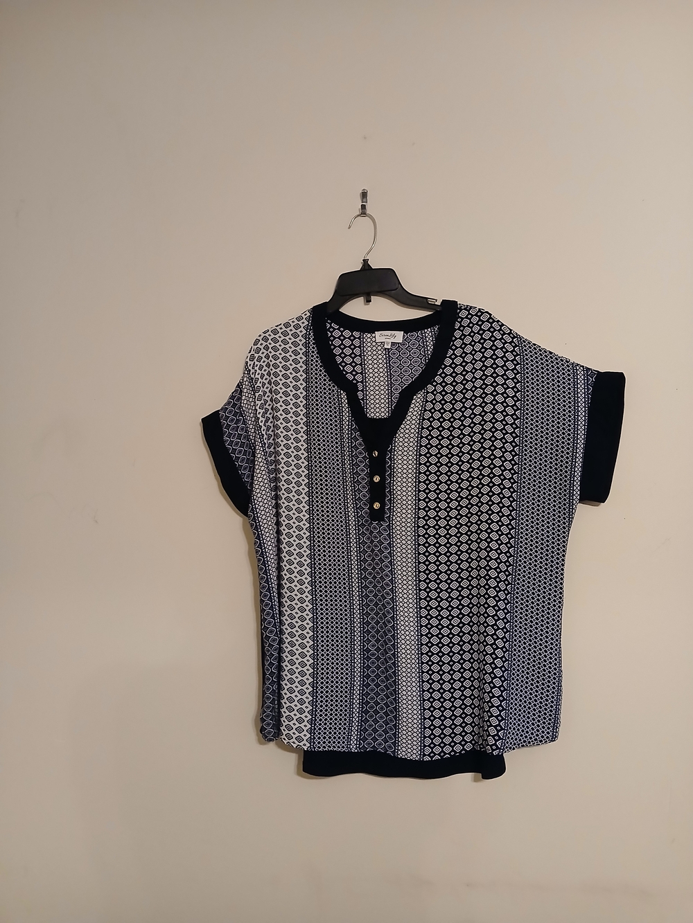 Patterned Short-Sleeve Henley Top - Navy/White